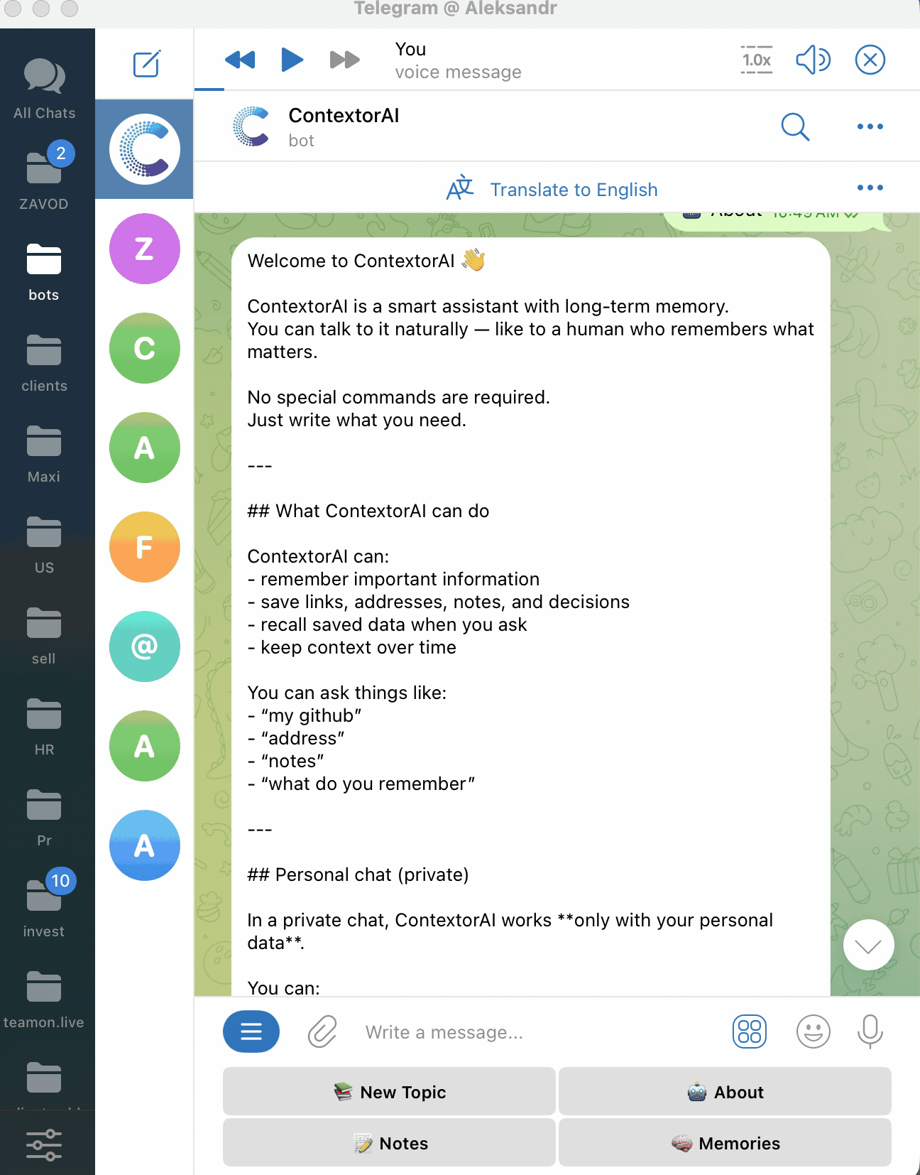 ContextorAI Telegram Interface - Click to try